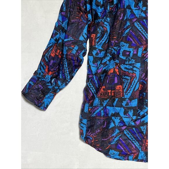 Vintage In Private Mens Long Sleeve Shirt M Silk Blue Abstract Button Up 80s 90s - Picture 7 of 14